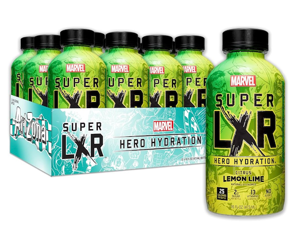 AriZona x Marvel Super LXR Hero Hydration, Citrus Lemon Lime, 16 fl oz Bottles, 12-Pack