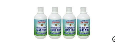 HAND SOAP. ALOE FORMULA. SANI+SMART. KILLS GERMS. 4 BOTTLES.