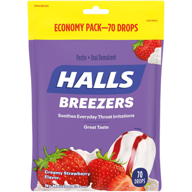 Halls Breezers Cough Drops, Creamy Strawberry, 70 Count