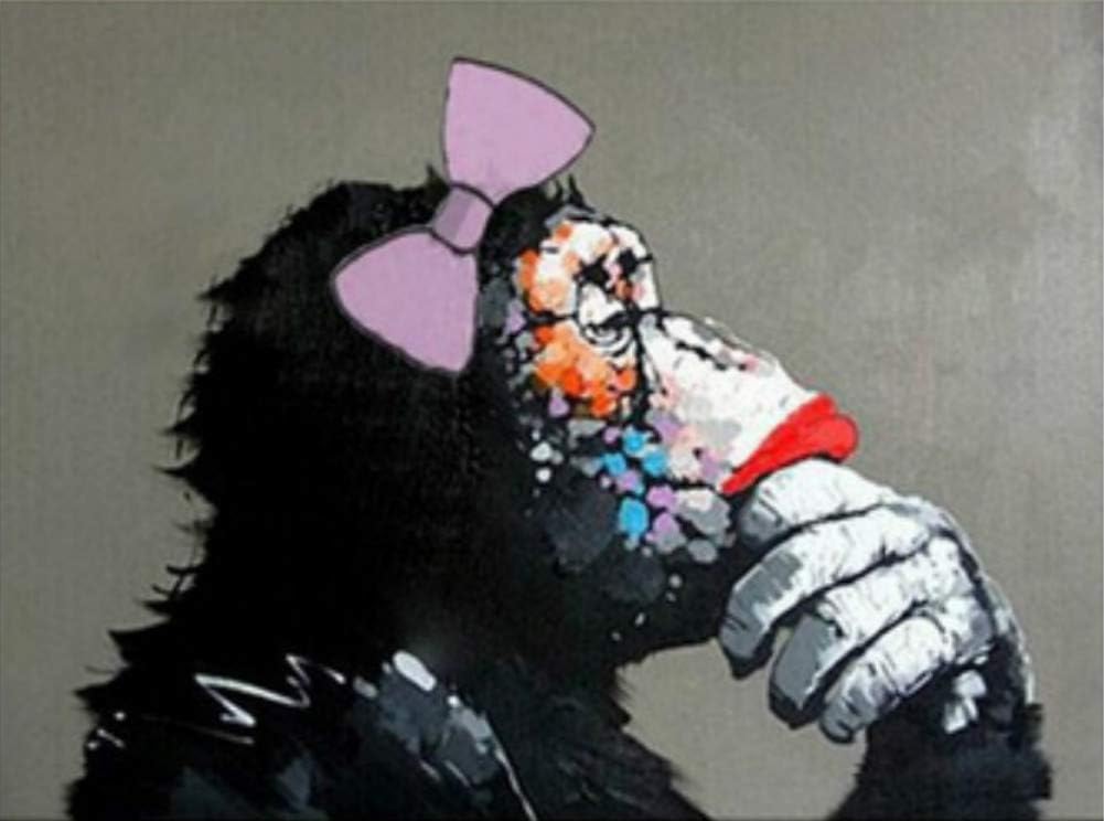 Modern Painting Animal Cute Gorilla Monkey 100% Hand Painted Oil Painting on Canvas for Living Room Bedroom Home Decoration (19.5x24 inch with Bow tie)
