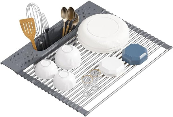 Roll Up Dish Drying Rack Over Sink, L21XW20.5 inch  Foldable SUS304 Stainless Steel Kitchen Dish Drainer, Heat-Resistant Multipurpose Rolling Sink Rack Organizer, Grey