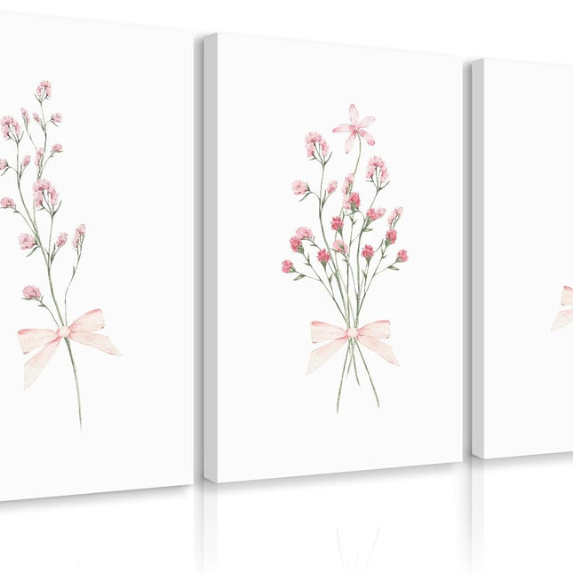 Nursery Flower Wall Art Girl Floral Canvas Wall Decor Boho Wildflower Art Poster Pink Bow Pictures Nursery Floral Prints Vintage Botanical Artwork for Girls Room Bedroom 12x16x3 Inch Ready to Hang