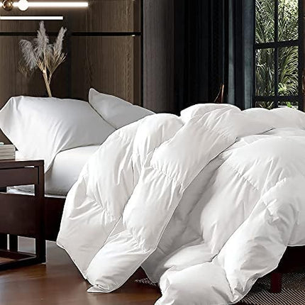 Luxurious King/California King Size Goose Down Fiber Waterfowl Feather Fiber Comforter Duvet, 100% Cotton Cover, 58 oz. Fill Weight, Baffle Box Design, White Solid