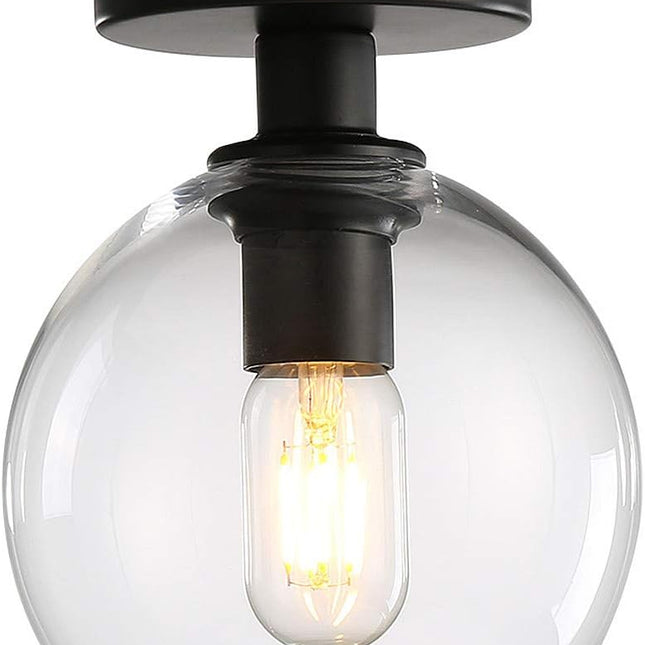 EFINEHOME Mid Century Modern Semi Flush Mount Ceiling Light, 8" Glass Round Shade| 1-Light Retro Globe Ceiling Pendant Light for Bathroom Hallway Entryway Kitchen Farmhouse (Black+Clear)