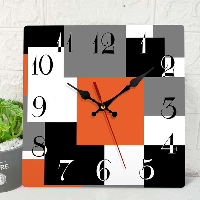ArtSocket Wooden Wall Clock Silent Non-Ticking, Abstract Orange Black Grey Geometric Minimalist Checkered Square Rustic Wall Clocks Decor for Home Kitchen Living Room Office, Battery Operated(12 Inch)