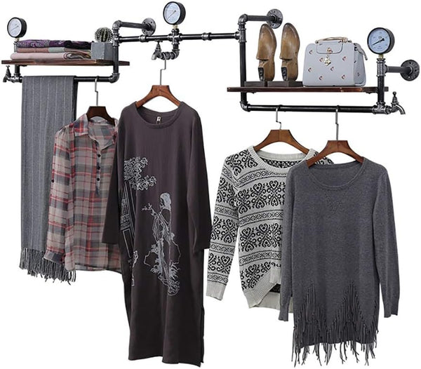 Iron Pipe Wall-Mounted Wood Floating Shelf 2 Tiers Shelf with Clothes Rod Wall Clothes Rack,Industrial Style Clothing Display Rack (215×30×40cm)