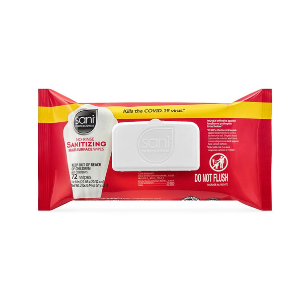 Sani Professional No-Rinse Sanitizing Multi-Surface Wipes, 1 Softpack (72 Count), Large 9" x 8" Wipes, Cleaning and Sanitizing for Food Service, Restuarant, Kitchen, and Countertops