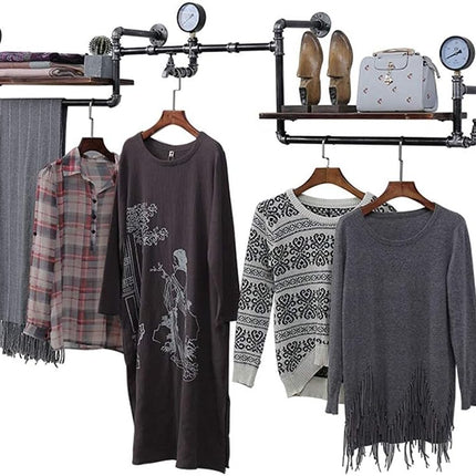 Coat Rack Industrial Shelf Wall Mounted Modern Metal Clothing Rod Rack Industrial Pipe Clothes Bar with Hanging Rod and 2-Tier