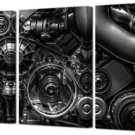 HOMEOART Engine Wall Art Closeup Gear and Chain Black and White Picture Canvas Print Gallery Wrapped Man Cave Wall Decor 24"x48" (3 Panels)