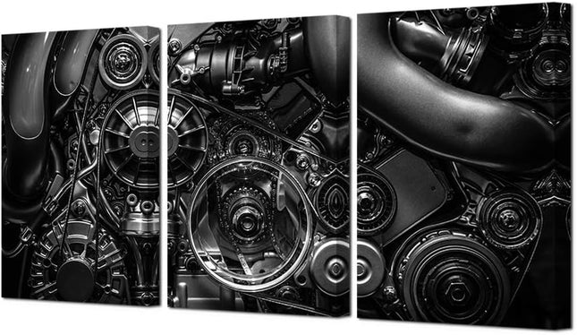 HOMEOART Engine Wall Art Closeup Gear and Chain Black and White Picture Canvas Print Gallery Wrapped Man Cave Wall Decor 24"x48" (3 Panels)