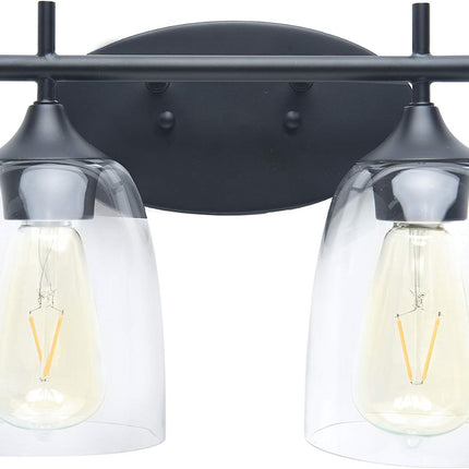Homenovo Lighting Mersey 2-Light Bathroom Vanity Light Fixture, Clear Glass Shades, Matte Black