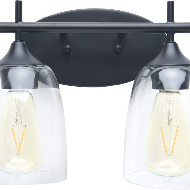 Homenovo Lighting Mersey 2-Light Bathroom Vanity Light Fixture, Clear Glass Shades, Matte Black