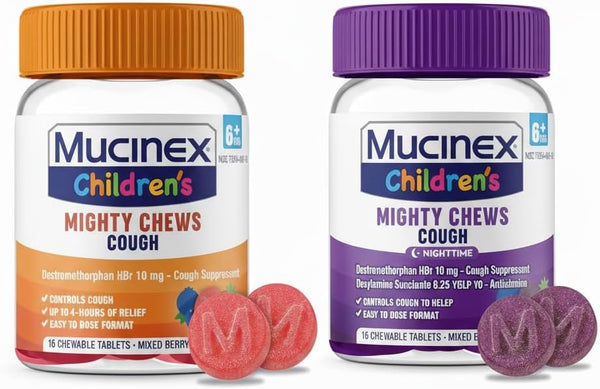 Mucinex Children's Mighty Chews Day and Night time Kids Cough Medicine, Easy to Dose Cough Suppressant, Kids Travel Medicine for Cough, Mixed Berry Flavor, 16 Chewable Tablets (Combo Pack)