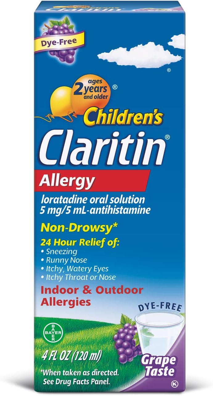 Claritin Children's Allergy Medicine, 24-Hour Non-Drowsy Loratadine 5mg, Antihistamine Liquid for Kids Aged 2 Years and Older, Grape Flavored, Dye-Free, 4 fl oz.