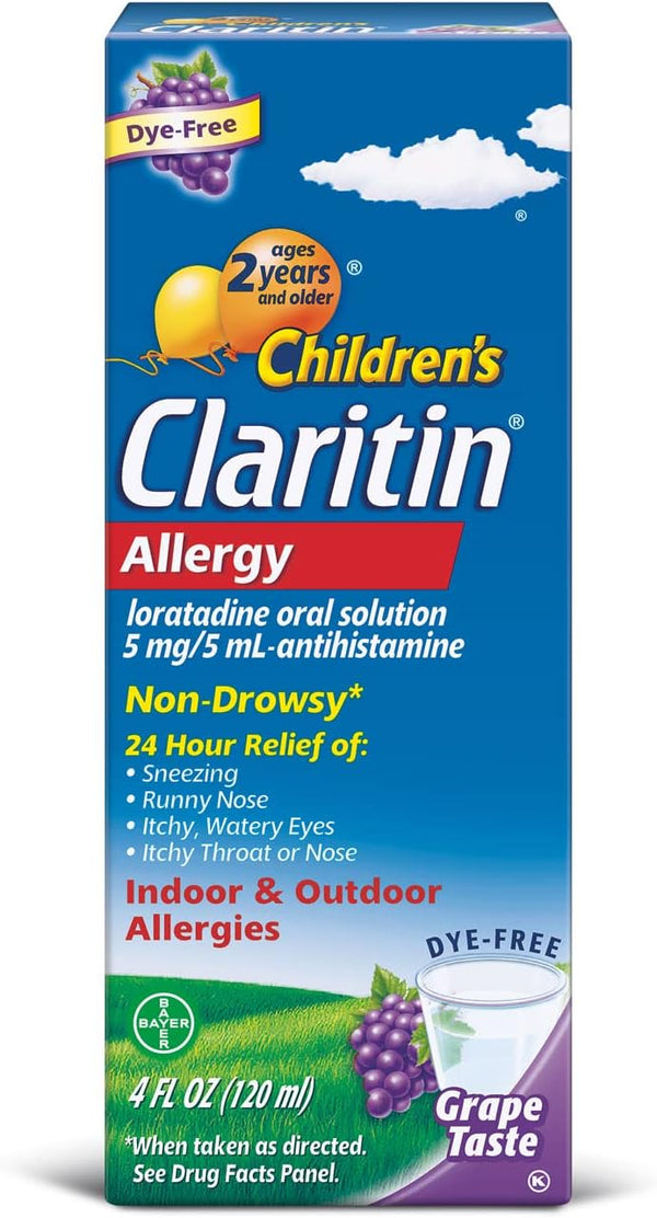 Claritin Children's Allergy Medicine, 24-Hour Non-Drowsy Loratadine 5mg, Antihistamine Liquid for Kids Aged 2 Years and Older, Grape Flavored, Dye-Free, 4 fl oz.