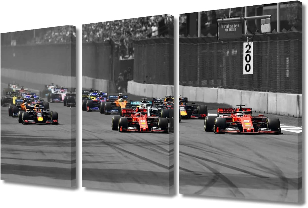 TUMOVO 3 Panel Canvas Wall Art Race Car Competition Pictures Racing Car Paintings Black and White Artwok Giclee Home Decor for Living Room Framed Ready to Hang Posters, 27.5" Wx42”H