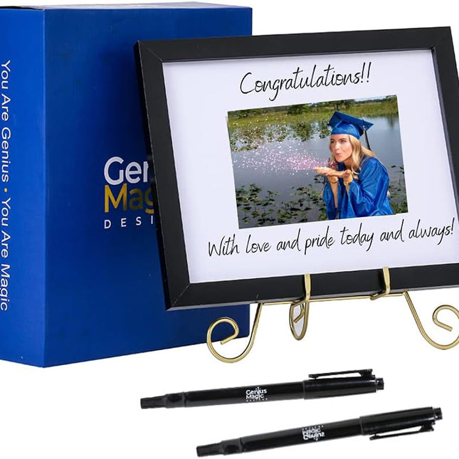 Signable Picture Frame by Genius Magic - Modern Black Wall Decor with Signature Matte - Your Bundle Comes with Gift Box, Easel Stand and 2 Markers for Personalized I Love You Message (Small Frame)