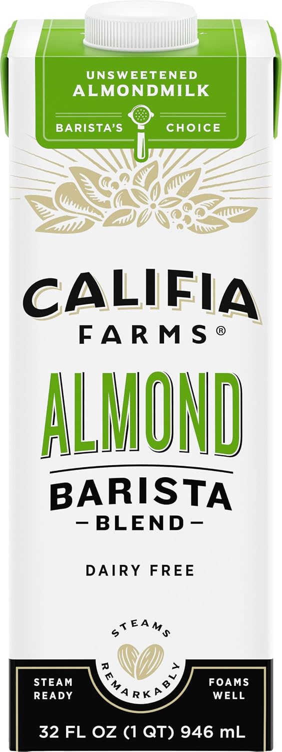 Califia Farms - Unsweetened Almond Barista Blend Almond Milk, 32 Oz, Shelf Stable, Dairy Free, Plant Based, Vegan, Gluten Free, Non GMO, Sugar Free, Milk Frother, Creamer
