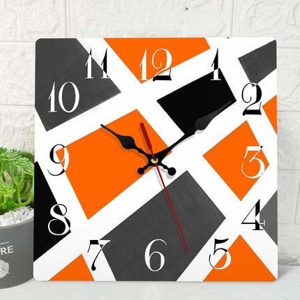 ArtSocket Wooden Wall Clock Silent Non-Ticking, Orange Black Grey White Abstract Geometric Checkered Square Rustic Wall Clocks Decor for Home Kitchen Living Room Office, Battery Operated(12 Inch)