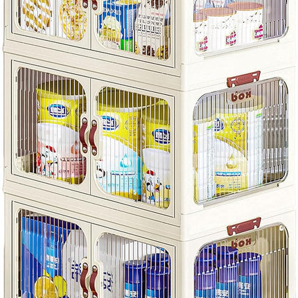 Plastic Storage Bins with Lids, Double Doors White Foldable Storage Box, Transparent Display Case 3-Tier Toy Organizer Stackable Storage Cart, Bin Box for Organization