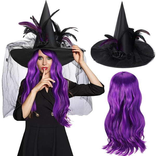 Ramede 2 Pcs Halloween Witch Hat Costume Set for Women,Black, Purple