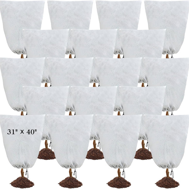 18 Pcs Plant Covers Freeze Protection Bulk Frost Cloth Bags with Drawstring Shrub Jacket Frost Blankets Warm Plant Protection Cover Bags for Outdoor Potted(White, 31'' x 40'')