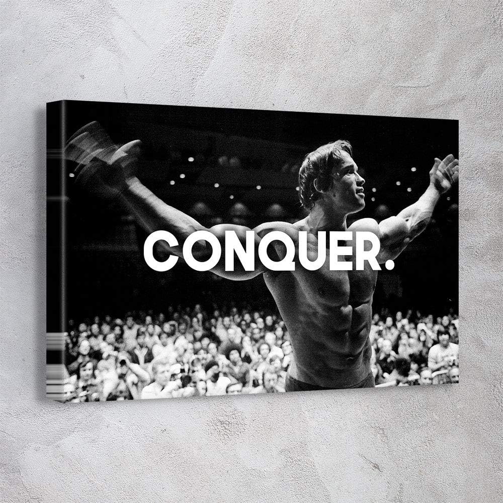 Awesometik" Arnold Schwarzenegger Conquer Bodybuilding Motivational Canvas Print Wall Art, Office Decor. Ready to Hang. Made in USA (24L x 18W)