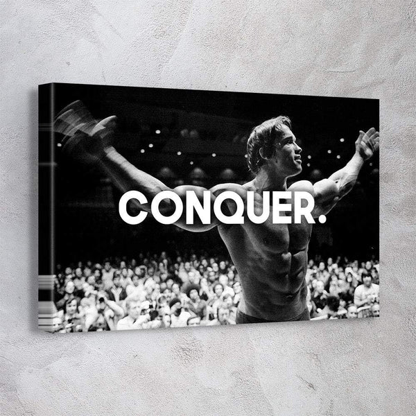 Awesometik" Arnold Schwarzenegger Conquer Bodybuilding Motivational Canvas Print Wall Art, Office Decor. Ready to Hang. Made in USA (24L x 18W)