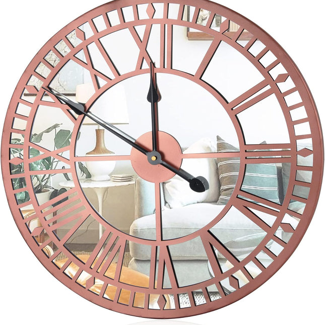 Large Rose Gold Mirror Clock - Circle Mirror Round Copper Color Mirror Farmhouse Roman Numeral Skeleton Centurion Clock - Gift for Living Room, Kitchen, Bedroom Modern Yet Rustic Room Decor - 20 inch