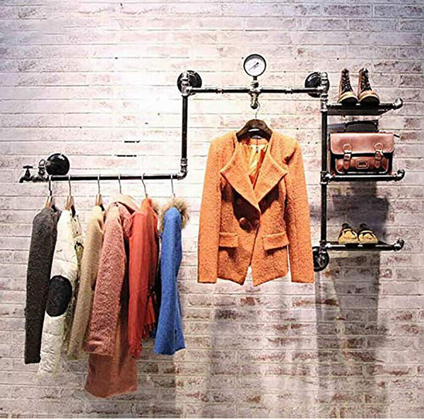 Industrial Pipe Clothing Rack Wall Mounted Wood Garment Rack Multi-function Display Rack Shoes Bag Store Shelves Clothes Hanger