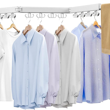 Kelisiting Wall Mounted Clothes Drying Rack, Laundry Drying Rack Wall Mount, 3-Fold Drying Rack Clothing, Foldable Clothes Drying Rack with 12 Dual Hooks Organization for Laundry Room Indoor - White