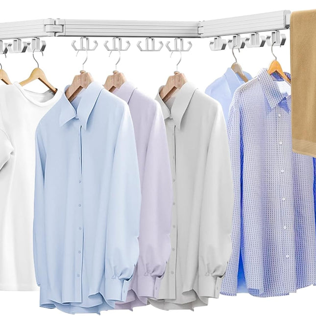 Kelisiting Wall Mounted Clothes Drying Rack, Laundry Drying Rack Wall Mount, 3-Fold Drying Rack Clothing, Foldable Clothes Drying Rack with 12 Dual Hooks Organization for Laundry Room Indoor - White