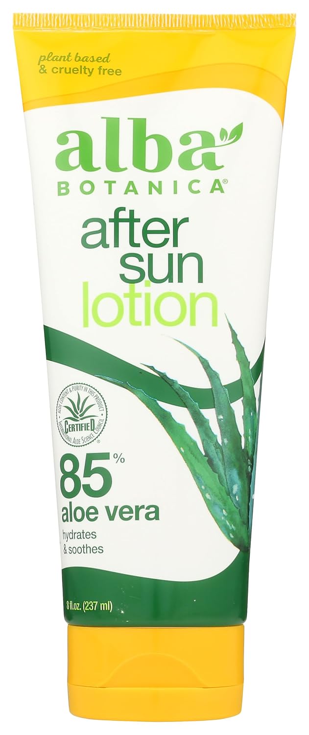 Alba Botanica Aloe Vera Lotion for Skin, Soothing After Sun Treatment for Face and Body, Made with Purity Certified 80% Aloe Vera Gel Formula, 8 fl. oz. Tube
