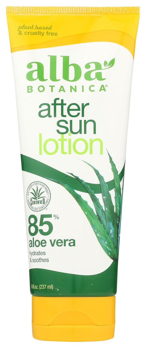 Alba Botanica Aloe Vera Lotion for Skin, Soothing After Sun Treatment for Face and Body, Made with Purity Certified 80% Aloe Vera Gel Formula, 8 fl. oz. Tube