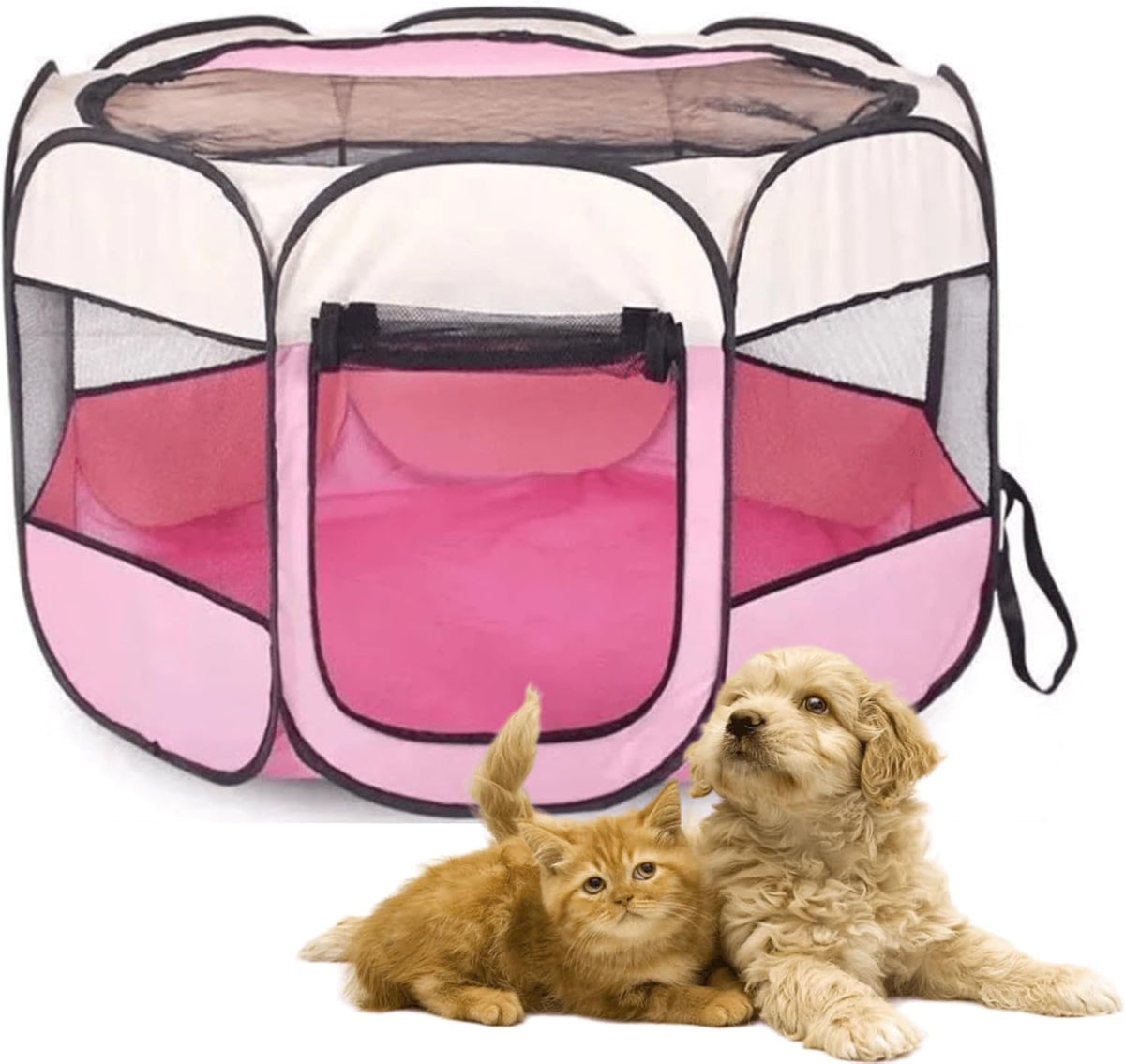 Cute Cat Playpen Foldable Portable Pet Tent Scratch-Resistant Removable Zipper Top Pets House for Indoor Cats and Small Dogs Large Indoor/Outdoor (Pink,S)