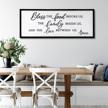 Foutcheou Bless The Food Before Us Wall Decor, 32"X12" The Love Between Us Sign Framed Farmhouse Kitchen Wall Decororation, Rustic Christian Bible Verse Wall Art for Dining Room