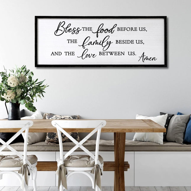 Foutcheou Bless The Food Before Us Wall Decor, 32"X12" The Love Between Us Sign Framed Farmhouse Kitchen Wall Decororation, Rustic Christian Bible Verse Wall Art for Dining Room