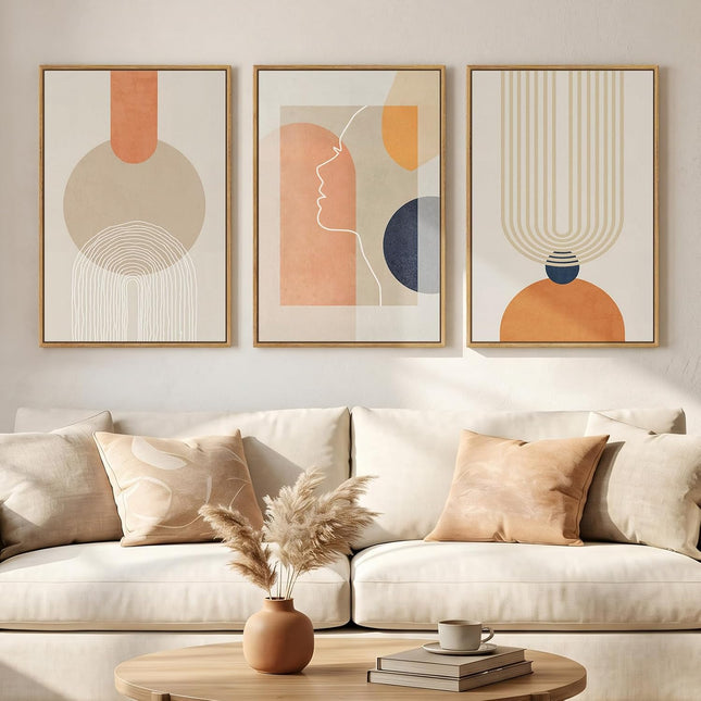 3 Piece Framed Abstract Boho Canvas Wall Art for Living Room, Large Mid Century Modern Geometric Line Prints Paintings, Neutral Minimalist Beige Orange Artwork Decor for Bedroom Entryway, 16x24 Inch
