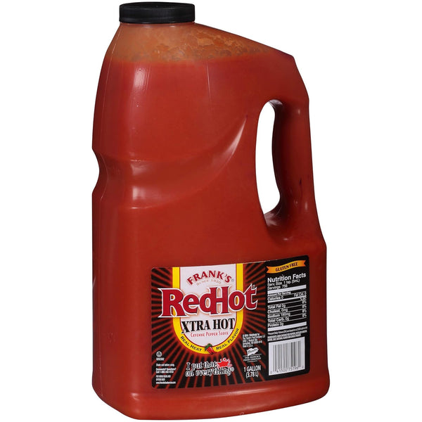 Frank's RedHot Xtra Hot Cayenne Pepper Hot Sauce, 1 gal - One Gallon of Extra Hot Cayenne Pepper Hot Sauce with 3x the Heat, Best for Wings, Pizza, Sides, Snacks, Bar Bites and More .EXP: 5/2027
