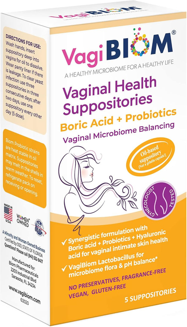 VagiBiom Boric Acid Suppositories with Lactobacillus: Microbiome Flora Balance; Balance and Nourishes Healthy Flora; Paraben-Free Preservative-Free (5count)