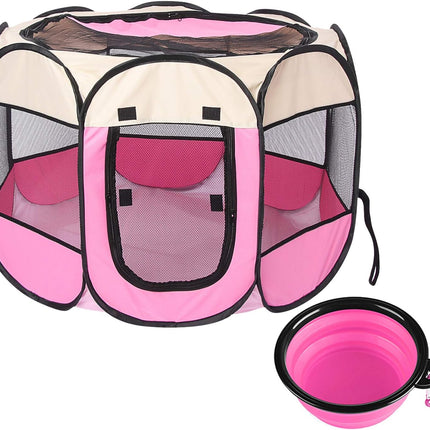 Pet Dog Playpen,Foldable Puppy Playpen 8-Panel Mesh Cover Playground Open-Air Waterproof,with Free Carrying Collapsible Bowl,Kennel Tent Indoor Outdoor Travel Cat Rabbits(28"x28"x17" Pink)