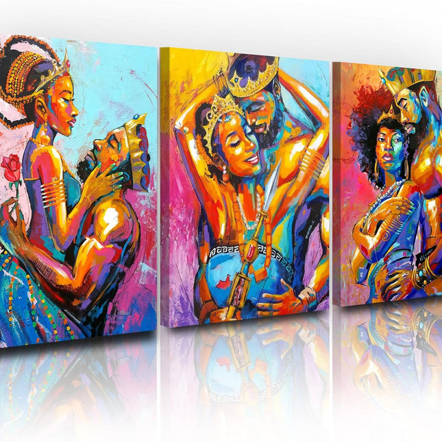 Craftline - 3 Piece Colorful Royal African American Couple Canvas Wall Art, Abstract Black Girl Picture Femal Love Theme Poster Modern Framed Artwork for Living Room Home Decor 32x48inch