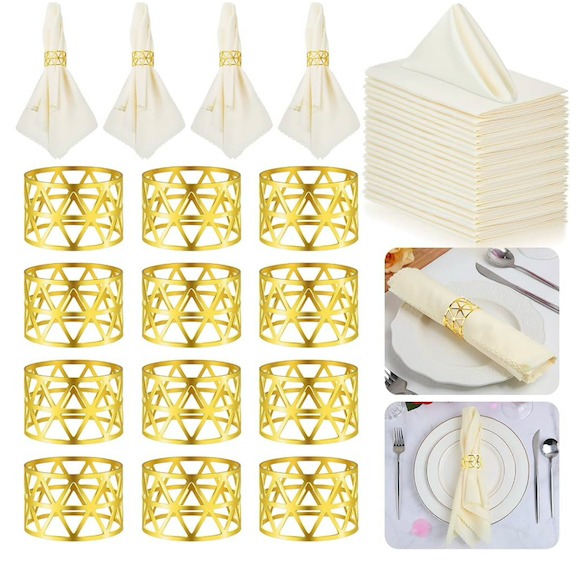 Mumufy 12 Pcs Napkin Rings and White Square Napkin Set Modern Napkin Ring Holder Serviette Buckles Soft Smooth Silk Table Napkin for Kitchen Dinner Party Wedding (Geometric)
