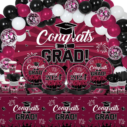 Burgundy Black Graduation Party Supplies Class of 2023 Congrats Grad Tableware Set-Congrats Grad Paper Dinner Plates, Dessert Plates,Cups,Napkins, Cutlery,Tablecloth,Backdrop Banner, Garland Arch Kits