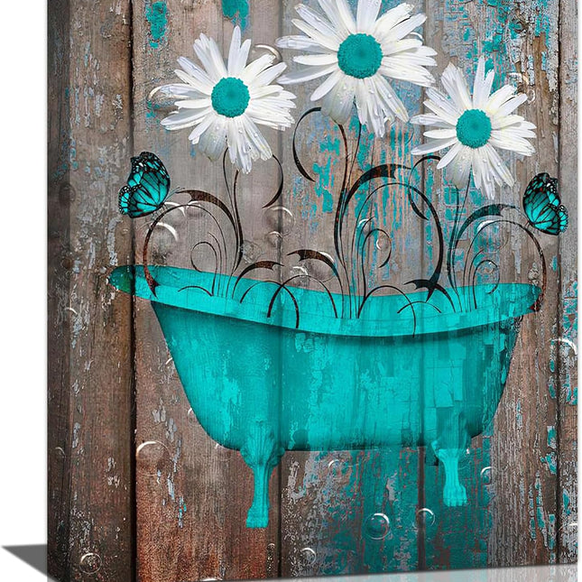 citari Rustic Teal Brown Bathroom Wall Art Farmhouse Daisy Butterfly in Bathtub Pictures Wall Decor Country Bath Signs Canvas Painting Print Artworks Decorations for Bedroom Living Room 12"x16"