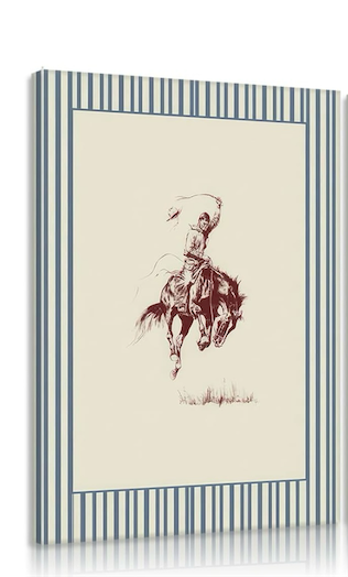 Vintage Striped Cowboy Canvas Wall Art, Rustic Country Western Wall Decor Pictures, Blue Cowboy Rodeo Poster, Retro Horse Painting Print Artwork for Living Room Bedroom Boys Room Decoration